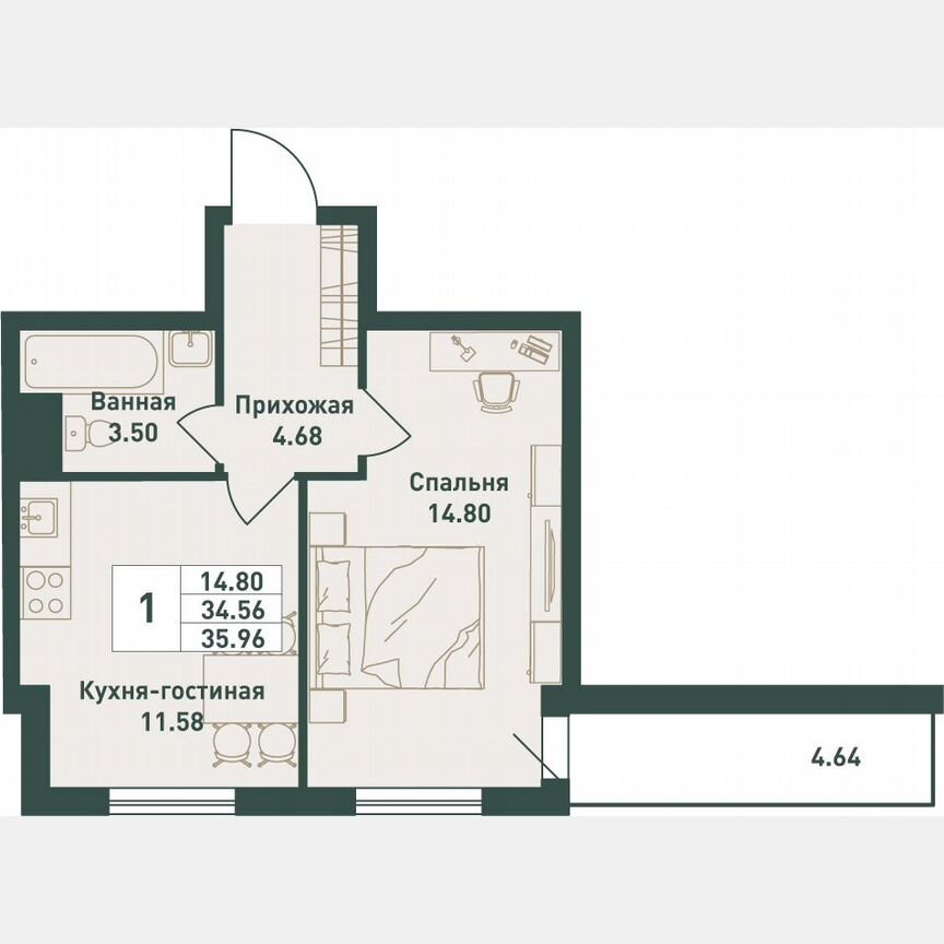 1-к. квартира, 36 м², 6/16 эт.