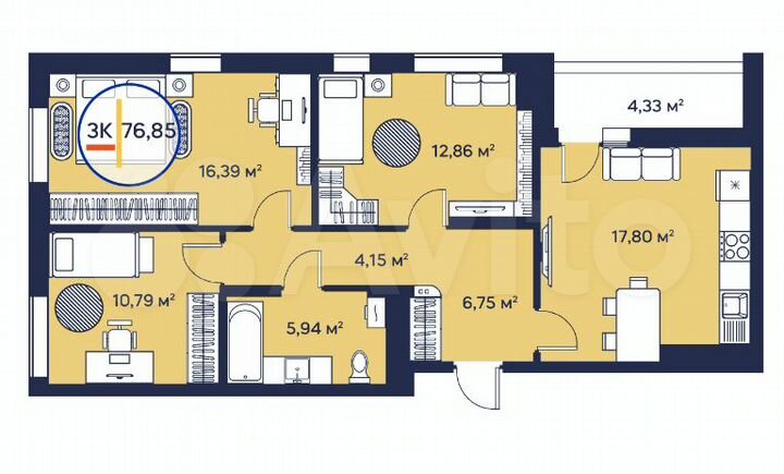 3-к. квартира, 76,9 м², 13/23 эт.