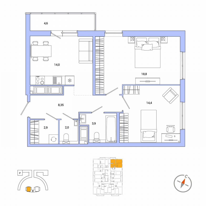 2-к. квартира, 66,7 м², 20/25 эт.