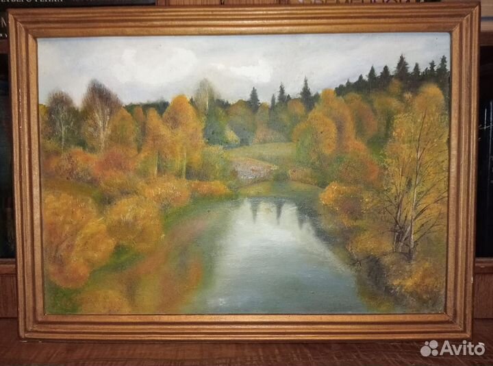 Картина маслом на двп. Озеро в осеннем лесу