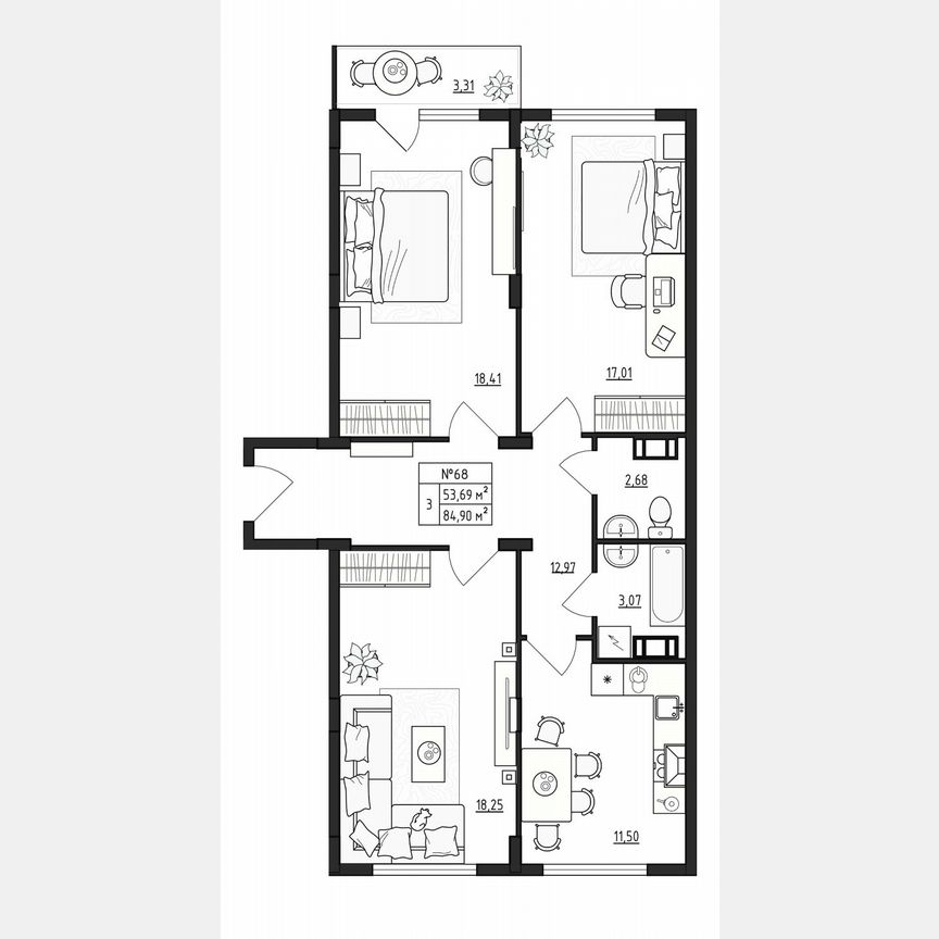 3-к. квартира, 84,9 м², 3/4 эт.