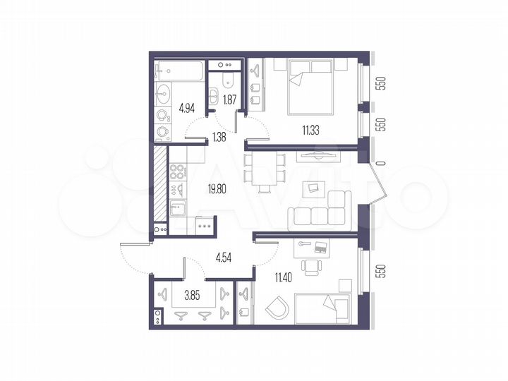 2-к. квартира, 59,1 м², 7/10 эт.