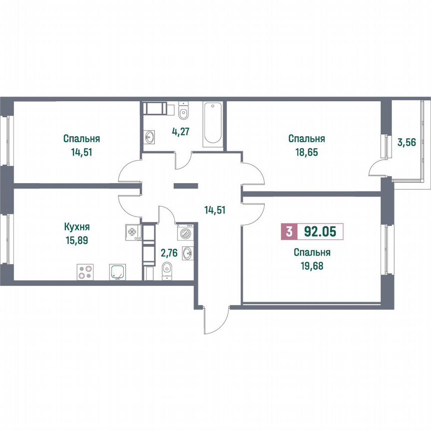 3-к. квартира, 92,1 м², 5/16 эт.