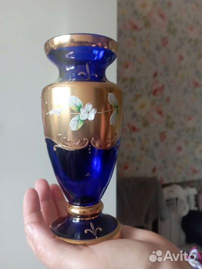 Ваза для цветов Чехия Богемское стекло кобальт