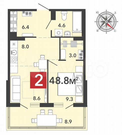 2-к. квартира, 48,8 м², 13/16 эт.