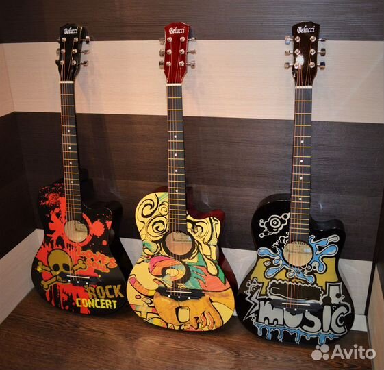 Акустическая гитара с принтом (новые) + аксессуары