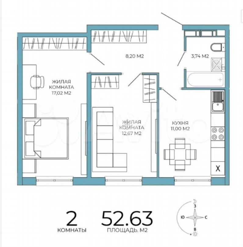 2-к. квартира, 52,7 м², 2/18 эт.