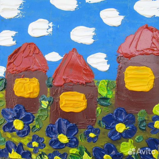 Картина маслом Деревенский пейзаж цветы и дома