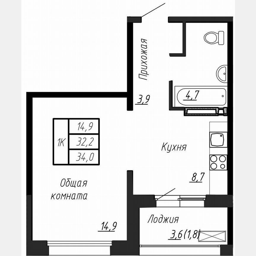 1-к. квартира, 34 м², 9/17 эт.