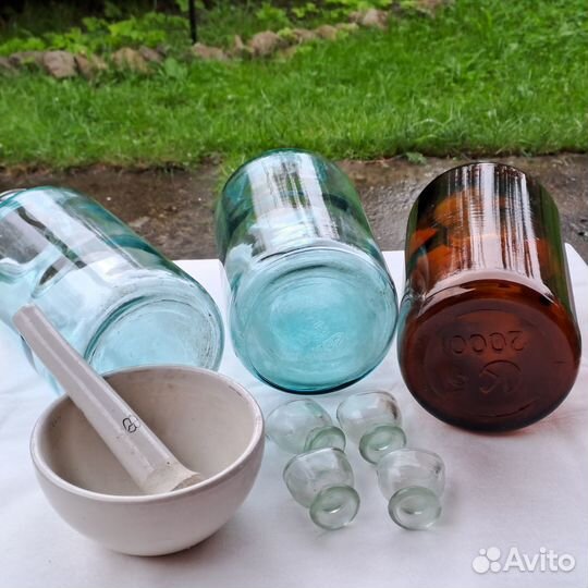 Старинные ступка,рюмки,бутылки аптекарские СССР