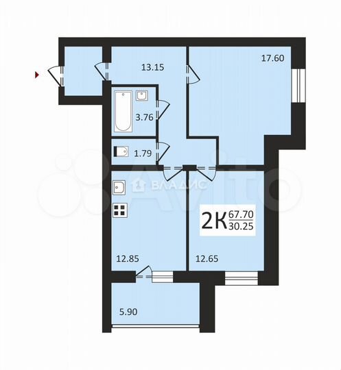 2-к. квартира, 67,7 м², 2/5 эт.