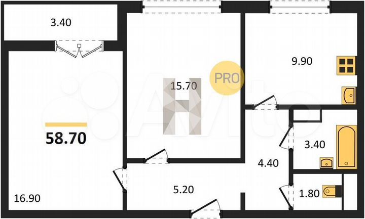 2-к. квартира, 58,7 м², 7/17 эт.