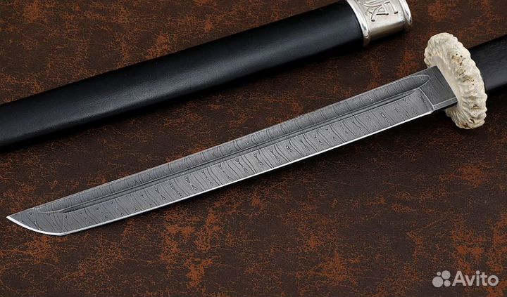 Премиум Нож Танто большой сталь дамаск, рукоять и