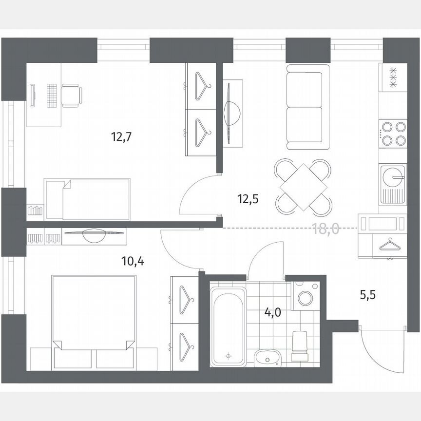2-к. квартира, 45,2 м², 3/12 эт.