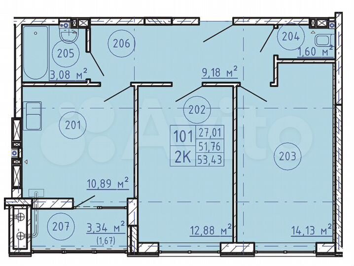 2-к. квартира, 53,4 м², 2/9 эт.