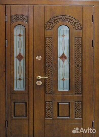 Теплая двустворчатая дверь с окном и ковкой новая