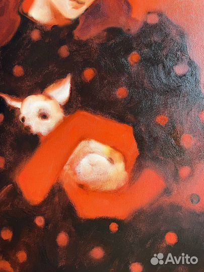 Картина маслом девушка и собакой терьер винтаж