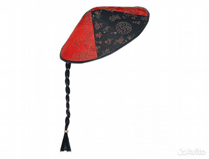 Шляпа китайская красно-черная с косичкой