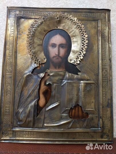 Икона старинная в латунном окладе