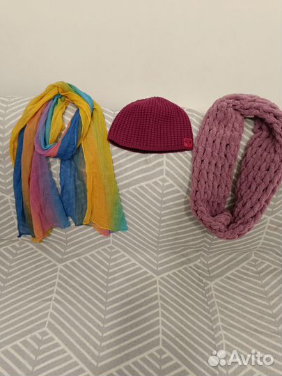 Комплект шапка и снуд, шарф тонкий радужный