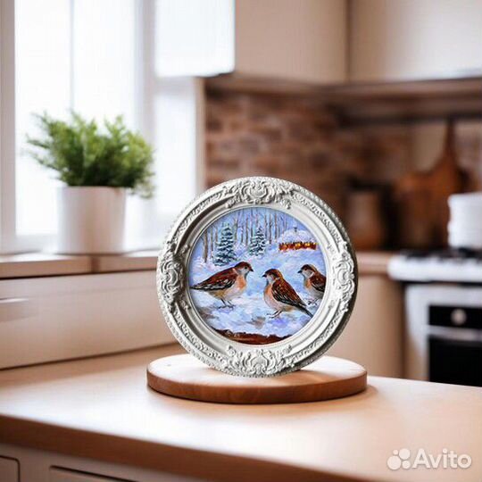 Воробушки Картина маслом в гипсовой раме. Птицы