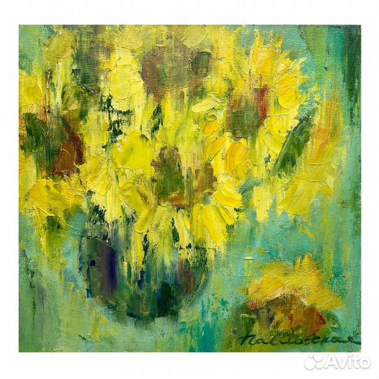 Картина с подсолнухами в вазе натюрморт масло