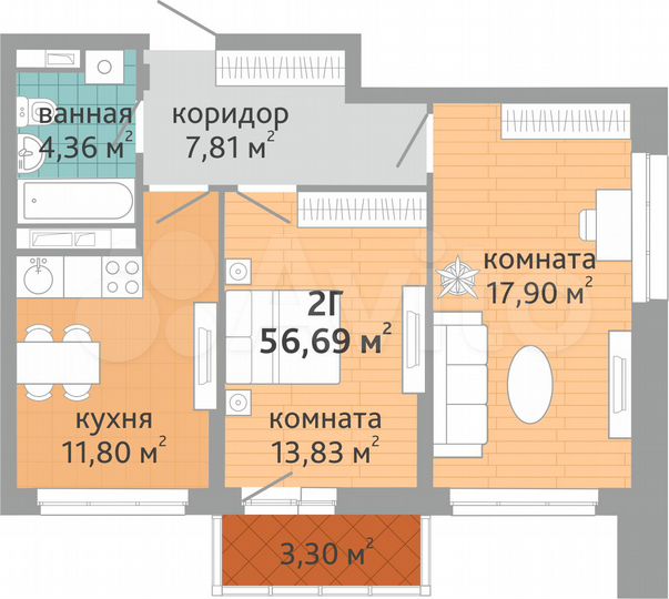 2-к. квартира, 56,7 м², 20/24 эт.