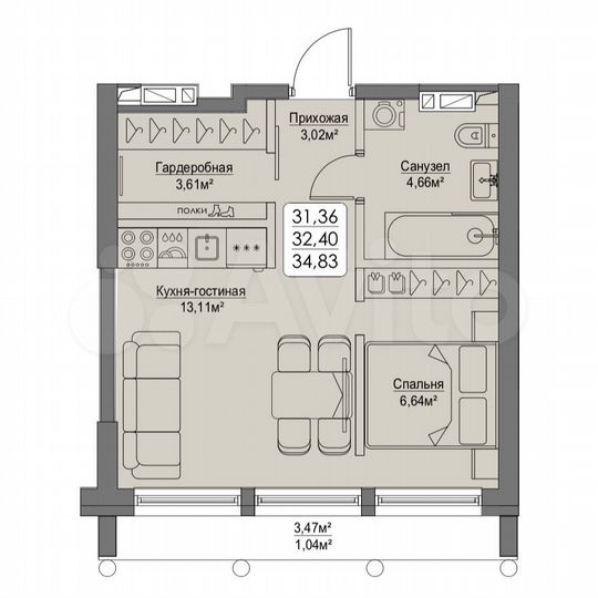 2-к. квартира, 32,4 м², 4/27 эт.