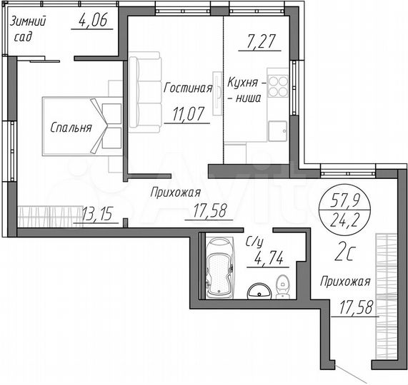 2-к. квартира, 57,9 м², 3/25 эт.