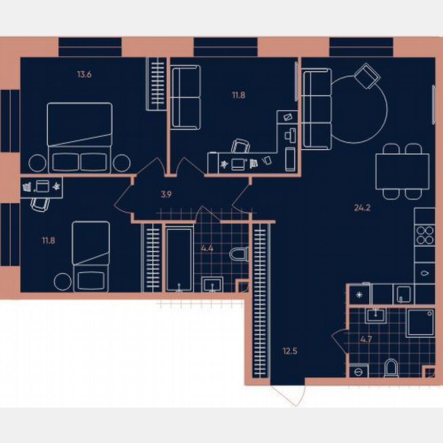 3-к. квартира, 86,9 м², 21/27 эт.