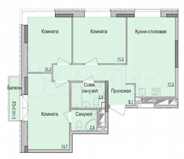 3-к. квартира, 67,6 м², 4/17 эт.