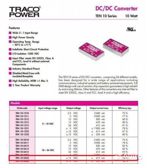 TEN 10-2422 Traco Power DC-DC Converter