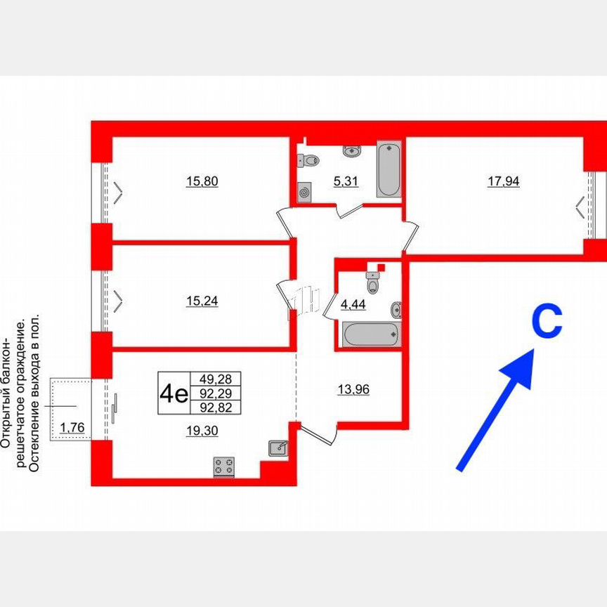 3-к. квартира, 92,3 м², 7/8 эт.