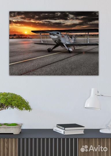 Картина с самолетом бипланом на взлетной полосе