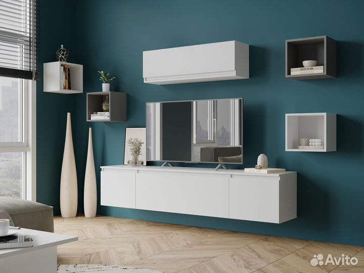 Тумба подвесная под телевизор Мэнкс Белая