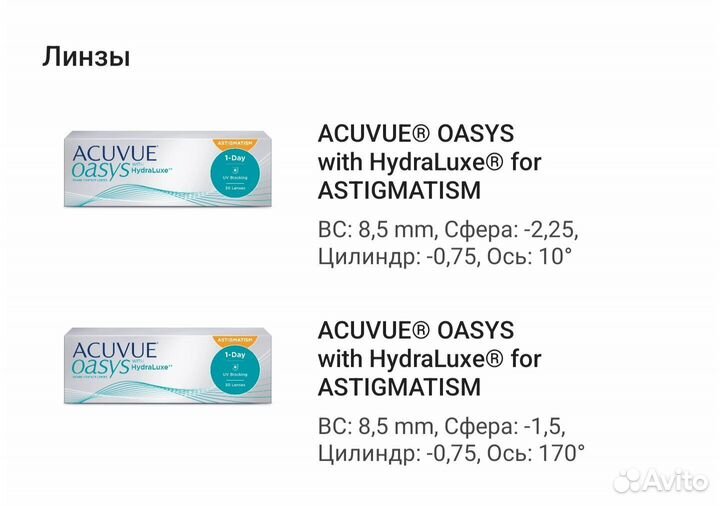 Линзы acuvue однодневные -1,5, -2,25 астигматизм