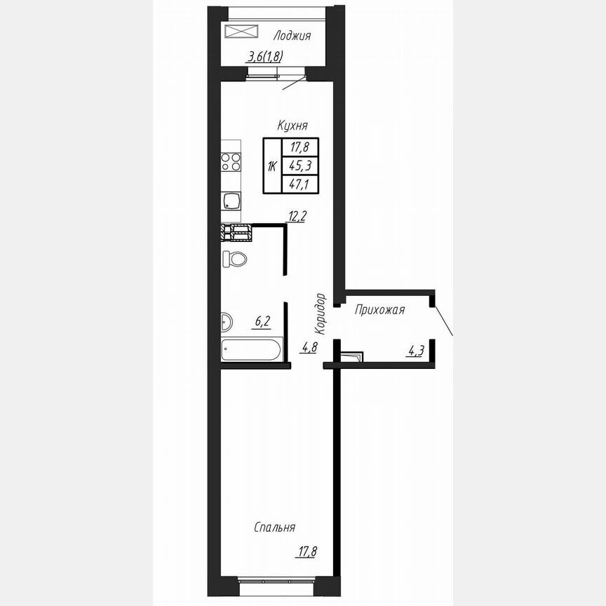 1-к. квартира, 47,1 м², 1/17 эт.