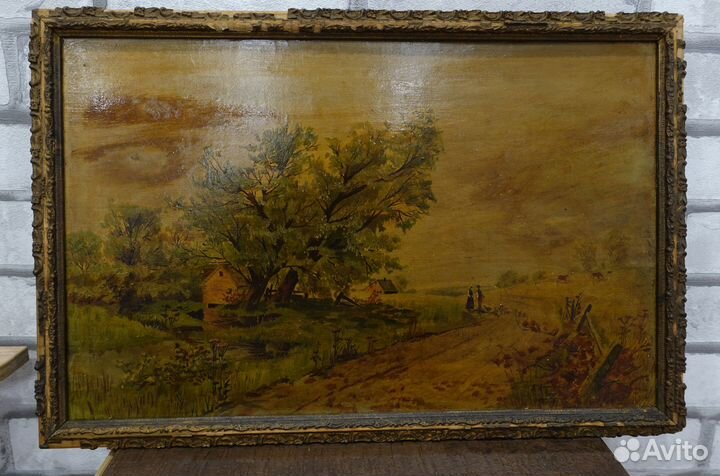 Старинная картина пейзаж холст масло 19 век