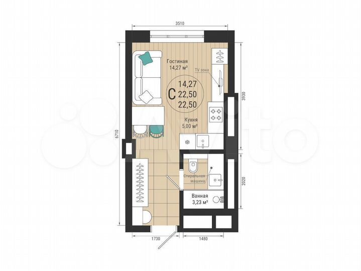 Квартира-студия, 22,5 м², 12/27 эт.