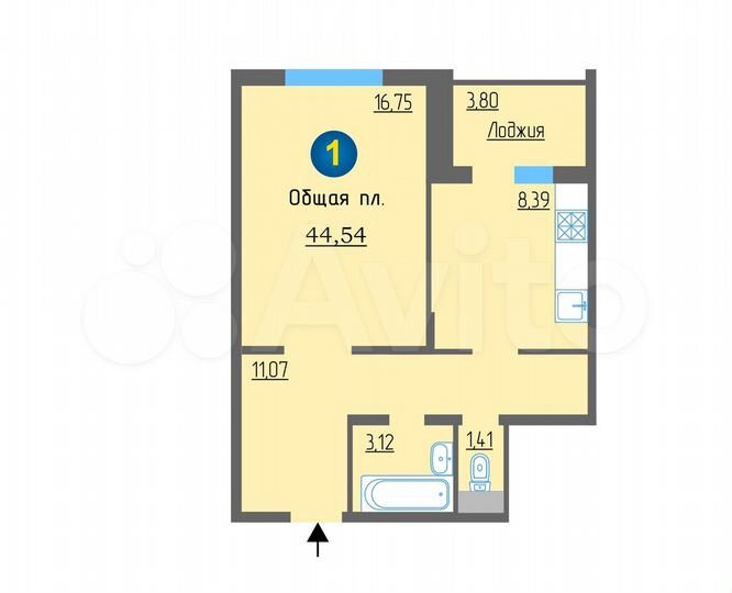 1-к. квартира, 44 м², 6/10 эт.