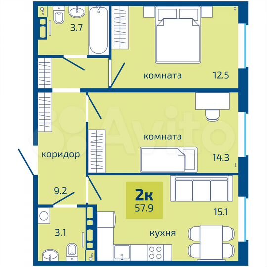 2-к. квартира, 57,9 м², 2/10 эт.