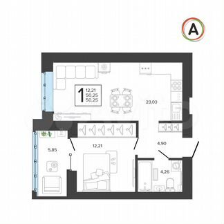 1-к. квартира, 50,3 м², 7/9 эт.