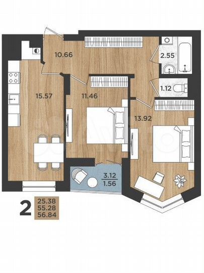 2-к. квартира, 56,8 м², 2/16 эт.