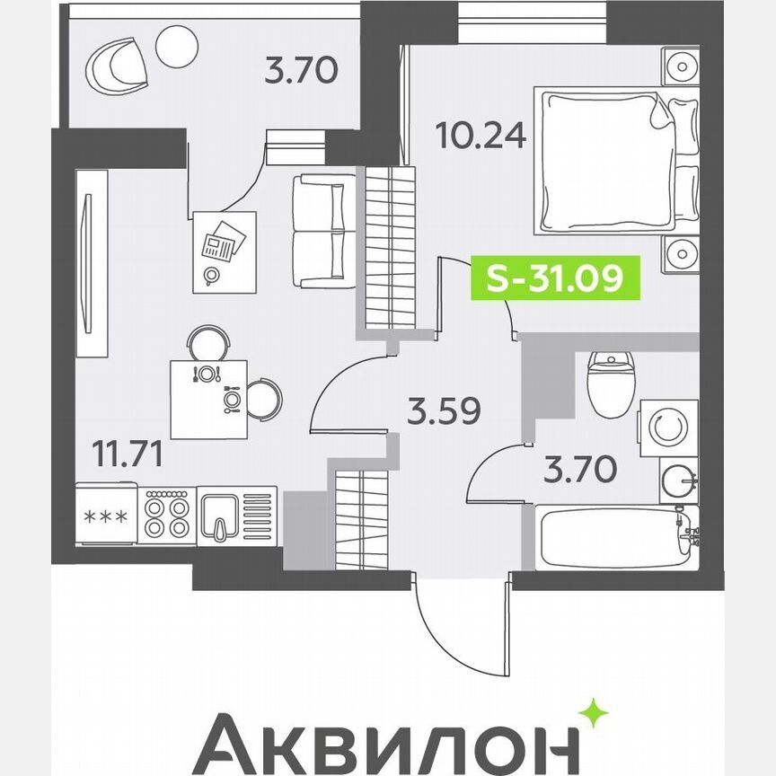 1-к. квартира, 31,1 м², 11/12 эт.