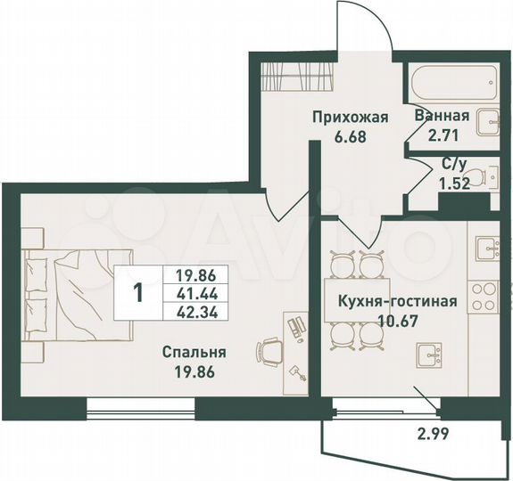 1-к. квартира, 42,3 м², 7/16 эт.