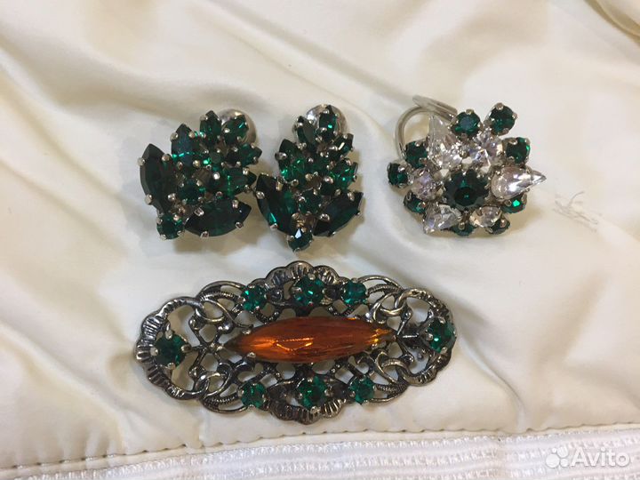 Редкие старинные н-р брошь кольцо и клипсы винтаж