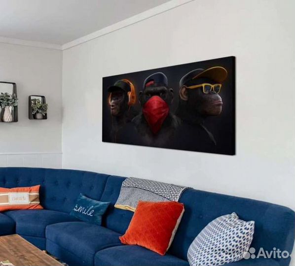 Картина три обезьяны на холсте премиум