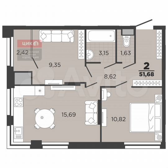 2-к. квартира, 51,7 м², 16/26 эт.