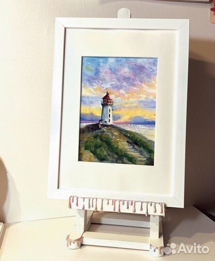 Картина акварелью небо маяк море
