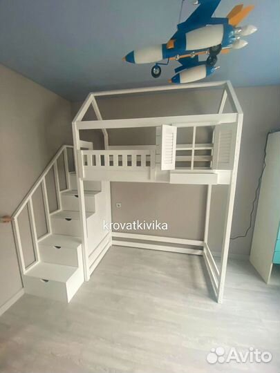 Детская Эко кровать чердак домик из массива